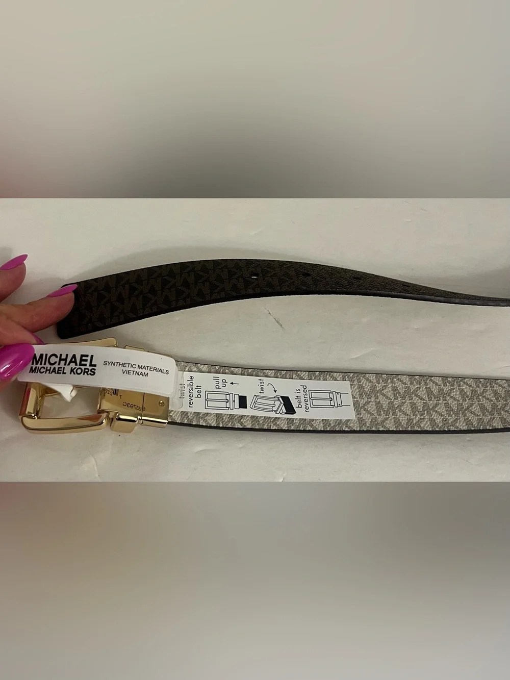 Michael Kors Reversible Logo Belt in Brown and Beige with Gold Buckle